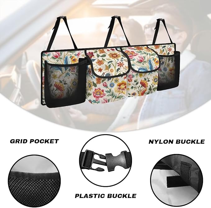 Flower Printing Car Trunk Organizer with 4 Storage Bag Hanging Car Organizer Storage Bag with Lids Collapsible Cargo Bag Free Your Trunk Floor Space