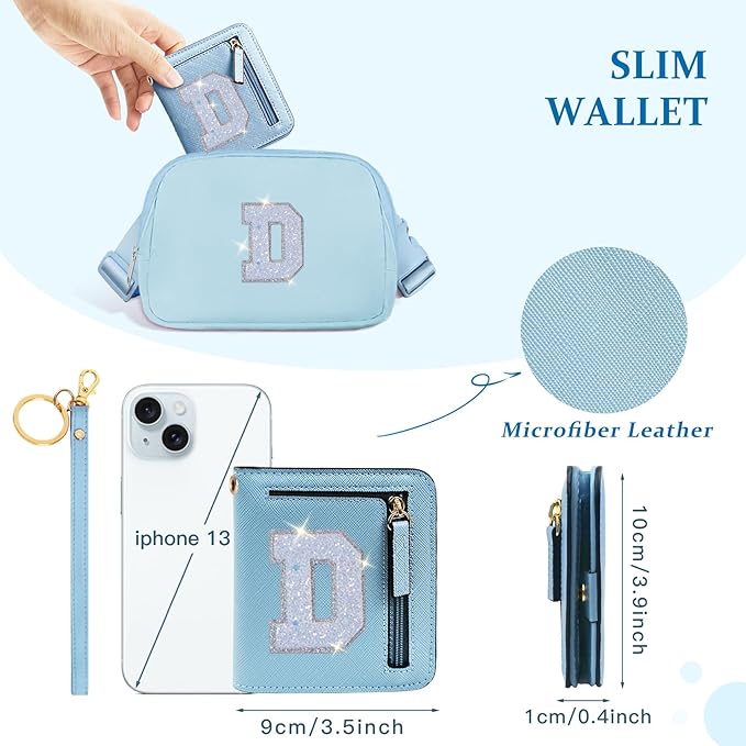 COSHAYSOO Small Wallet for Women Teenager Girl Personalized Initial Gift Preppy Letter Monogrammed Patch Mini Purse Waterproof for Travel Credit ID Cards Cash Holder Novelty Organizer Blue D