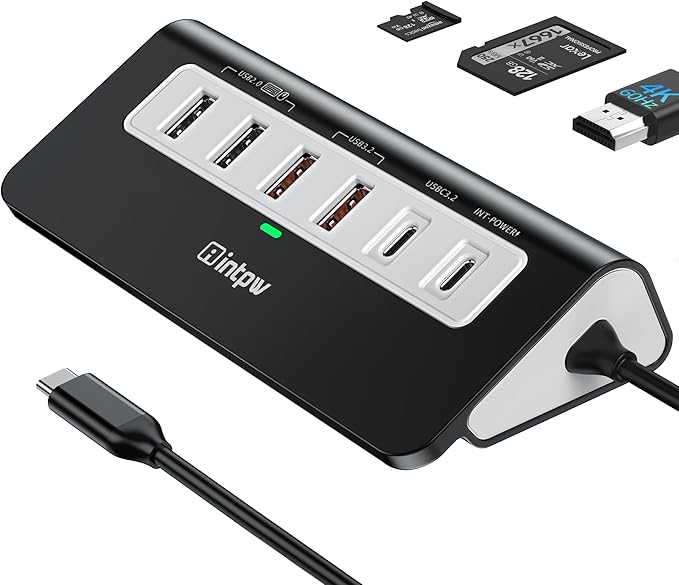 intpw USB C Hub, P9 PRO USB C Hub Multiport Adapter with 4K HDMI, PD 100W, Type-C & 2 USB A 3.2 10Gbps, 2 USB A 2.0, SD/TF Card Reader, Aluminum USB Hub for Laptop, iPhone 17 Series, MacBook, iPad
