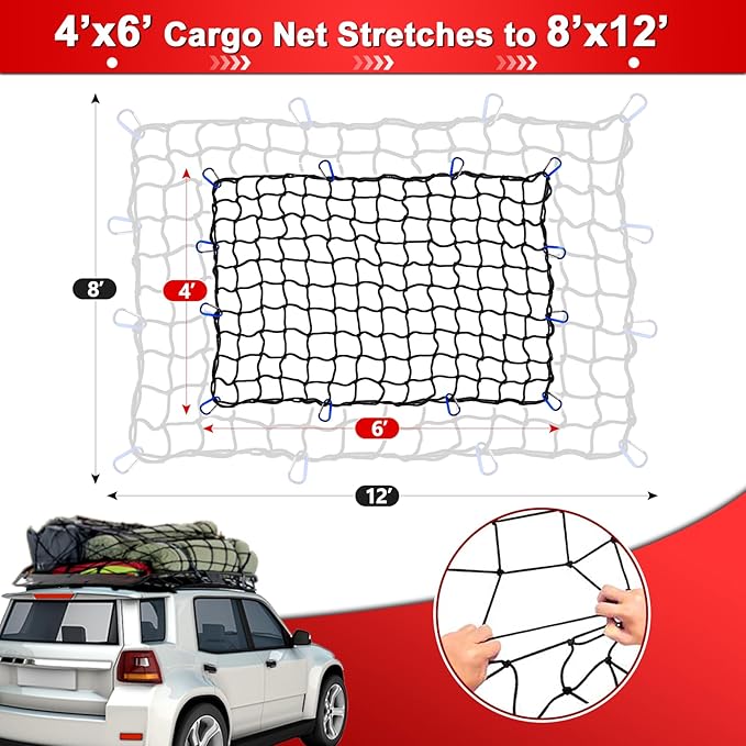 4’x6’ Truck Cargo Net Expands to 8' x 12' with 4"x4" Mesh Grid Super Duty Bungee Heavy Duty Bed Netting for Truck Bed Stretches with 12 Adjustable Metal Carabiners by Cenipar