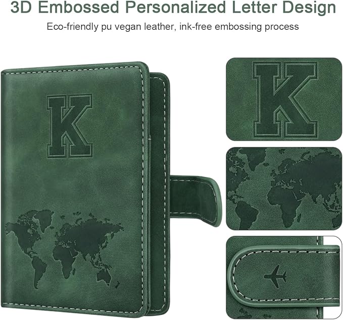 Personalized K Passport Holder Cover Initial Letter Travel Wallet RFID Blocking Passport Cover Credit Card Holder Case Passport Book Holders for Women and Men, Pine Green-K