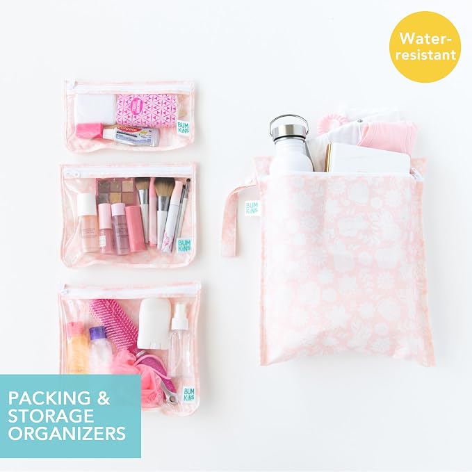 Bumkins Wet Bag and 3-Pack Clear-Sided Travel Pouches, Waterproof Organizer for Toiletries, Gym Clothes, Swim Gear, Shoes, Accessories, TSA Compliant Packing Set - Pink Lace - 4 Pack