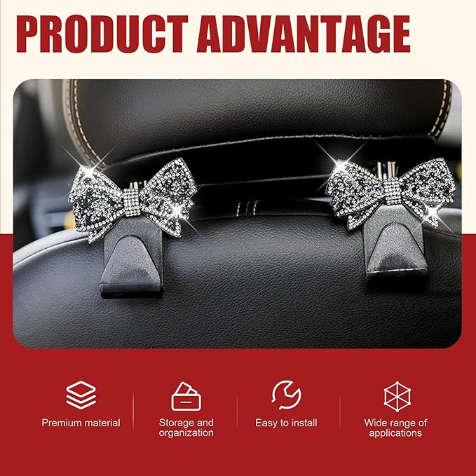 2 PCS Bling Bow Car Headrest Hook, S Type PVC Seat Back Hanger for Purses Bags Grocery, Sparkling Rhinestone Car Seat Hook Storage Decor, Universal for Most Vehicles (Black)