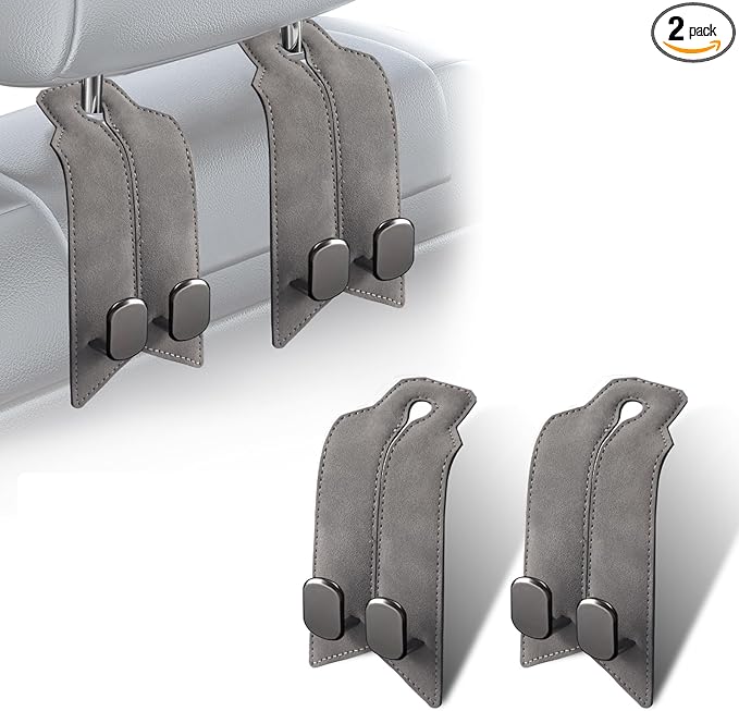 2Pcs Car Headrest Hooks with Premium Leather, Upgraded Double Metal Hooks with Anti-Drop Design, Universal Back Seat Hanger for Bags, Coats, Purses and Groceries (Classic Gray)