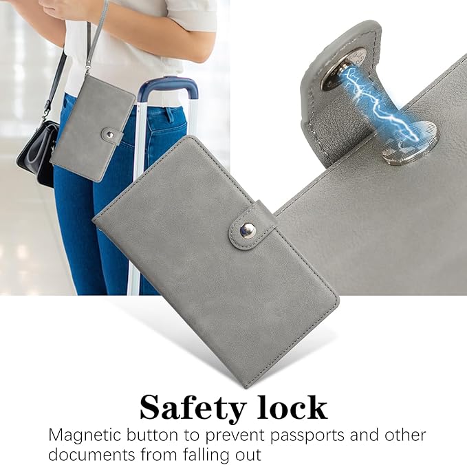 Passport Holder for Travel Essentials, RFID Blocking PU Leather Wallet Cover with Wristlet Strap Magnetic Closure Passport Book Holders Case for Women and Men, Grey