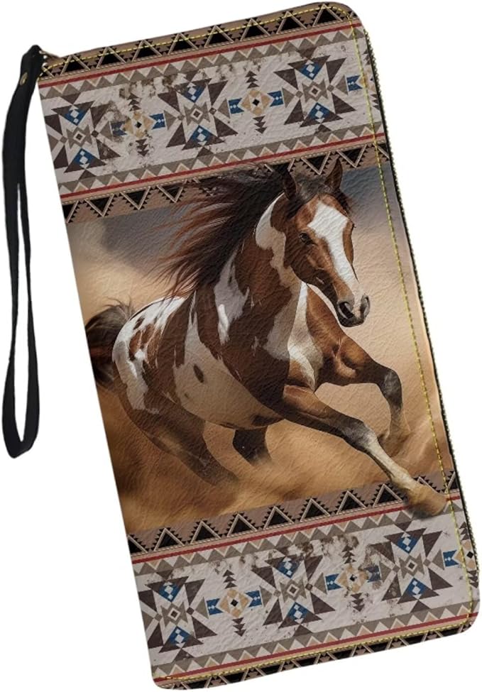 Bulopur Navajo Aztec Horse Wristlet Wallet for Women Zip Around Wristlet Purse PU Leather Waterproof Minimalist Wallet Long Handbags Coin Cash Holder Clutch Purse Gifts for Ladies