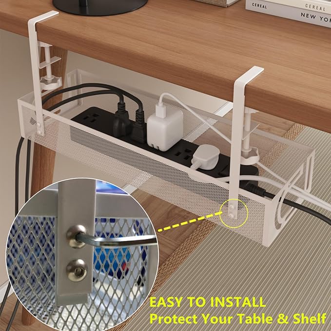 No-Drill Under Desk Cable Management Tray - Tool-Free Installation with Dual Silicone Pads | No Adhesive, No Magnets, No Residue | Heavy-Duty Steel Construction for Wood & Glass Desktops (Black)