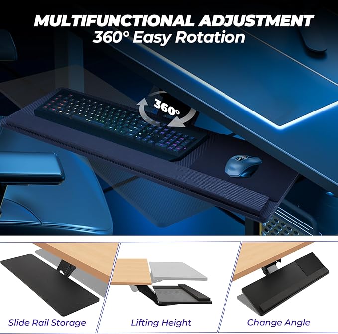 Ergonomic Keyboard Tray Under Desk，Large Size Keypad Tray Holder， 360° Adjustable Slide Out Keyboard Tray Under Desk with Mouse Pad & Wrist Rest， Suitable for Office/Game/Home