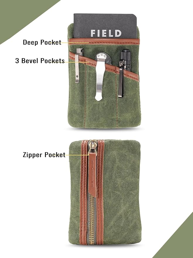 SP4 Waxed Canvas Compact EDC Pocket Organizer, Zippered Pocket Pouch for Men, Mini EDC Organizer for Change, Notebook, Tactical Pen, Flashlight