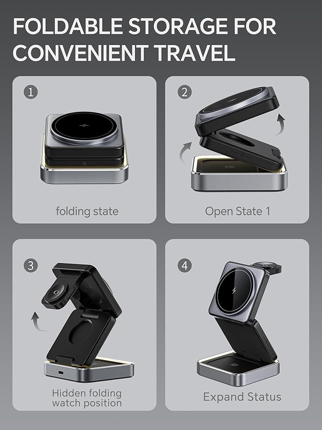 3 in 1 Wireless Charger for iPhone 17 16 15 14 13 12 11 Pro Max Foldable Wireless Charging Station with Night Light for MagSafe Travel Magnetic Charger Stand Fast Charging for AirPods Apple Watch B