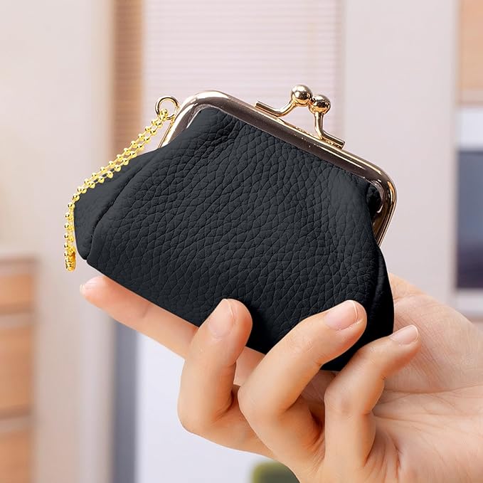Genuine Leather Coin Purse for Women, Cute Mini Lipstick Holder Case, Small Vintage Kiss Lock Jewelry Storage Organizer Change Bag Pouch (Black)