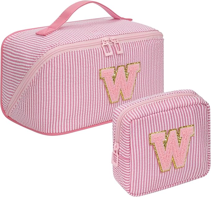2026 Graduation Gifts - Travel Makeup Bag for Women, 2Pcs Portable Personalized Initial Makeup Organizer Bag, Open Flat Large Cosmetic Bag With Travel Essential Pouch (Pink Letter W)