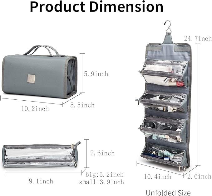 ROYALFAIR Roll Up Makeup Bag, Travel Toiletry Bag for Women with 4 Clear TSA Approved Pouches, Hanging Travel Organizer, Folding Cosmetic Bag for Men and Women