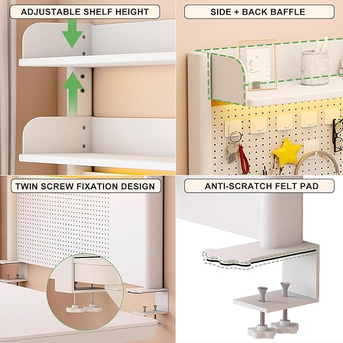 Desktop Bookshelf, Desk Extender Pegboard Workstation, 2 Tier Small Desk Extension Shelving Unit, Multipurpose Desktop Hutch Storage Organizer for Dorm Office Home(White,80x20x95cm/30x8x37in)