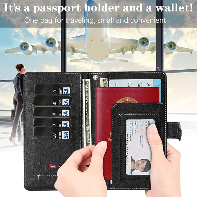 Passport Holder for Travel Essentials, RFID Blocking PU Leather Wallet Cover with Wristlet Strap Magnetic Closure Passport Book Holders Case for Women and Men, Black