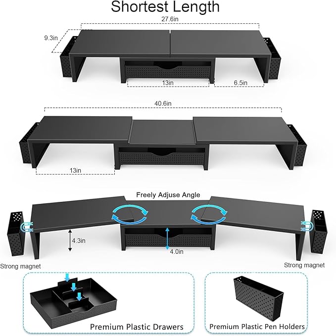 gianotter Dual Monitor Stand Riser, Desk Organizer With Drawer and 2 Pen Holders, Computer Monitor Stand, Desk Shelf for Top of Desk (Black)