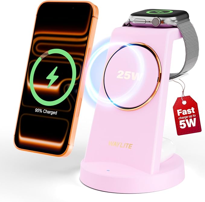 3 in 1 Fast Charging Station for iPhone, 25W Wireless Magnetic Phone Charger for iPhone 17 16e 16 15 14 13 12 Serise, Watch Charger Stand, Wireless Charging Station for AirPods 4 3 Pro, Pink