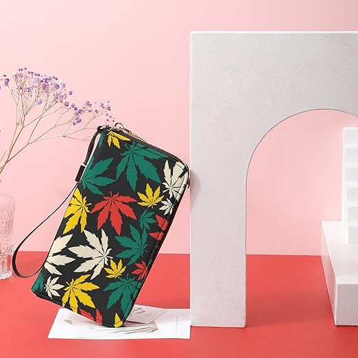 Unisex Zip Around Wallet for Adults Teens Colorful Cannabis Leafs Black Coin Pouch Cash Pocket PU Leather Wallets Card Holder Organizer Designer Purse with Wristlet Strap