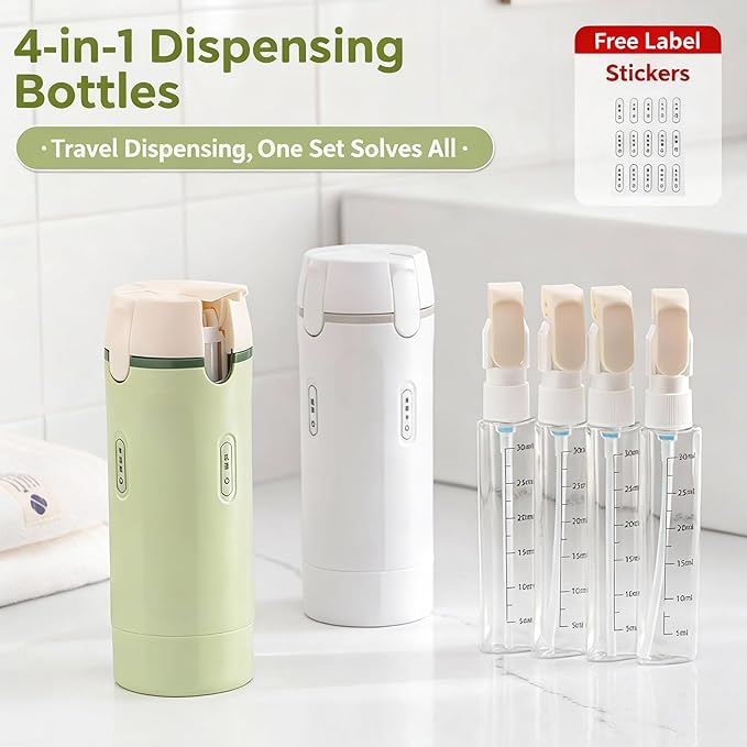 4 in 1 Travel Dispenser Bottle,4 Pack 30ML Travel Bottles for Toiletries, Leak Proof Travel Size Containers (Light Green, OneSize)