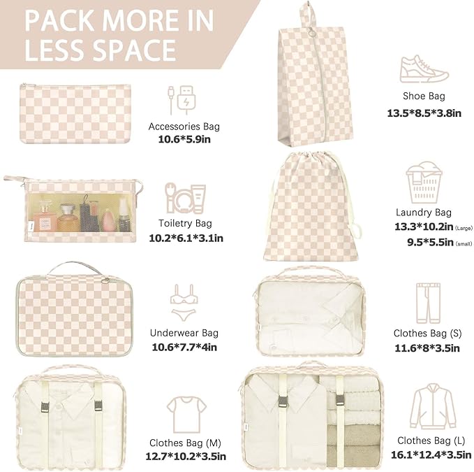 KPX 8 Set Packing Cubes for Travel, Luggage Packing Organizers Accessories Large Toiletries Bag for Clothes Shoes Cosmetics (Two-tone Khaki)