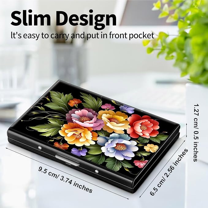 Metal Wallet, Credit Card Holder for Women Men Girls, RFID Blocking Aluminum Wallet Slim Hard Case, Mini Travel Wallet, ID Card Holder Business Card Case,Art Flowers