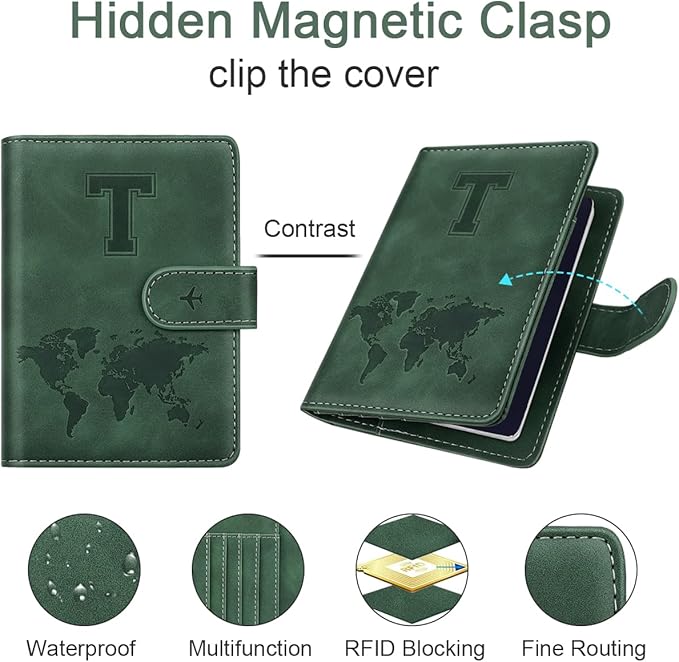 Personalized T Passport Holder Cover Initial Letter Travel Wallet RFID Blocking Passport Cover Credit Card Holder Case Passport Book Holders for Women and Men, Pine Green-T