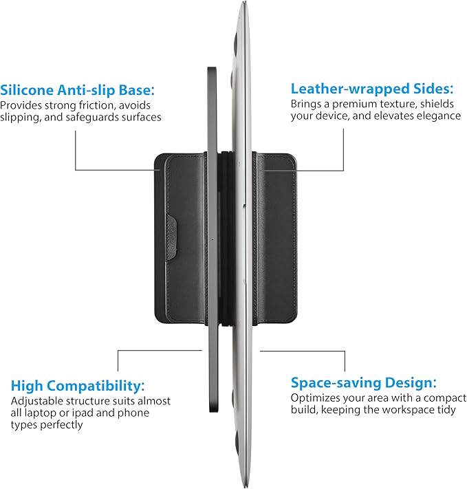 Dual Vertical Laptop Stand, 3 in 1 Upright Desktop Stand Holder with Adjustable Dock (Up to 17.3''), Leather Laptop Rack Storage Desk Organizer for Phone, Tablet, MacBook/HP/Dell/Chrome Book (Black)