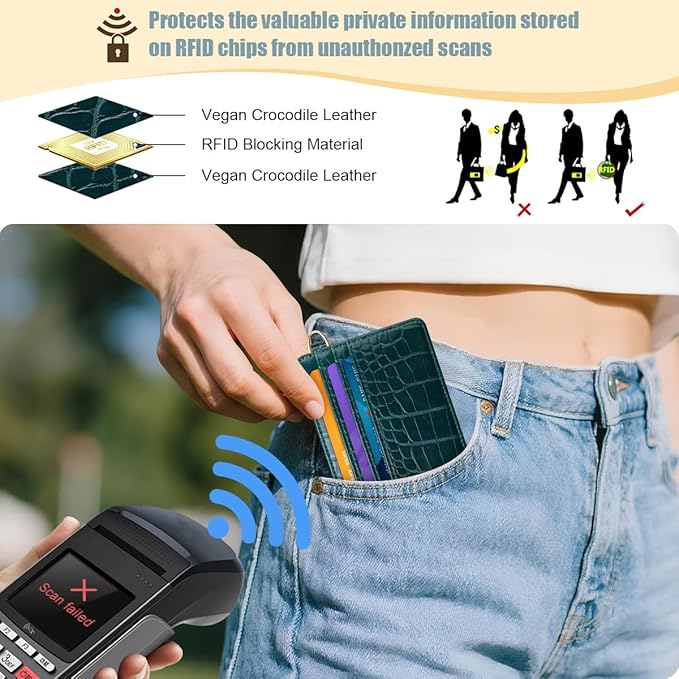 Slim Credit Card Holder Crocodile Wallet Women Thin Alligator Wallets RFID Blocking Minimalist Lightweight Small Cute Cards Holders with ID Window, Dark Green