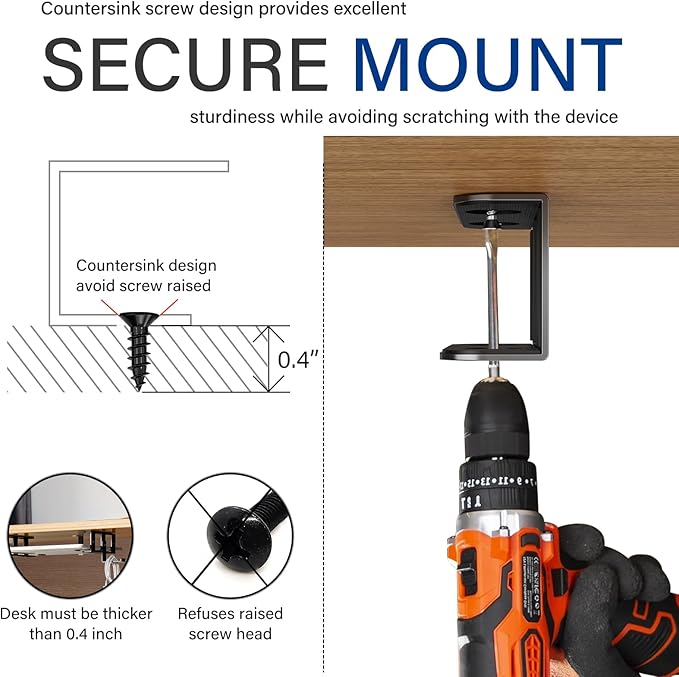 BYMECOST Under Desk Laptop Storage Mount with Hook, Metal Under Desk Device Holder, for Devices Up to 1.37" Thick, MacBook, Mini, Keyboard, Router, with Anti-Scratch Silicone (Black, 2.1" with Hook)