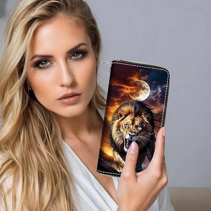 Lion Under The Moon Print Women Large Capacity PU Leather Zip Around Wallet, Multifunctional Clutch Purse for Cash/Card/Coin/Smart Phone