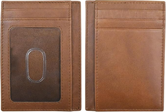 ili New York Genuine Leather Slim RFID Card Holder for Men - 7 Slots, Clear ID Window with Thumb Slide, Compact 4.5" x 3", Minimalist Credit Card Holder for Front or Back Pocket - Antique Saddle