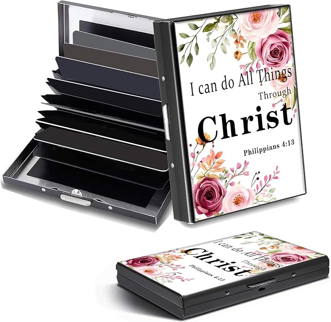 Credit Card Holder Philippians 4-13 Design Mini RFID Blocking Aluminum Wallet Slim Metal Hard Cover Shell Travel Wallet ID Cases Small Credit Cards Case Business Cards for Women Men Girls
