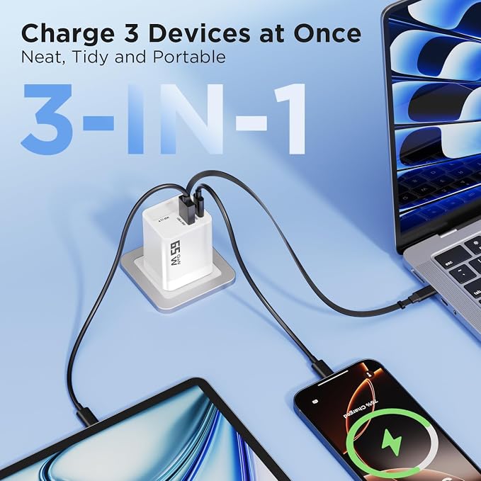 65W GaN USB C Charger Block with 2.3FT Retractable Cable, 3-Port Fast Wall Plug (2 USB-C & 1 USB-A) for iPhone 17 16 15, Samsung Galaxy S25, MacBook Pro/Air, Travel (White)