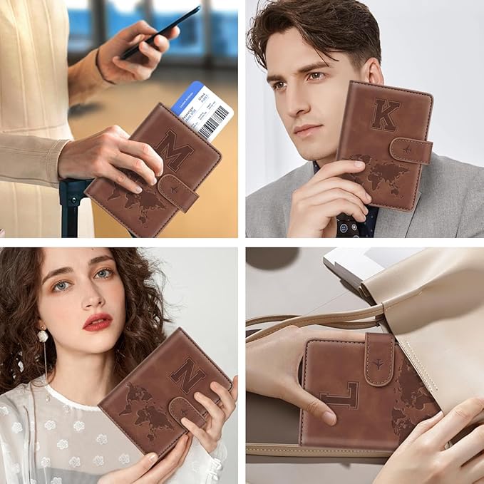 Passport Holder Wallet Cover Personalized Letter A-Z Travel Wallet RFID Blocking Passport Cover Wallet Case for Travel Passport Book Holders for Women and Men, Brown-K