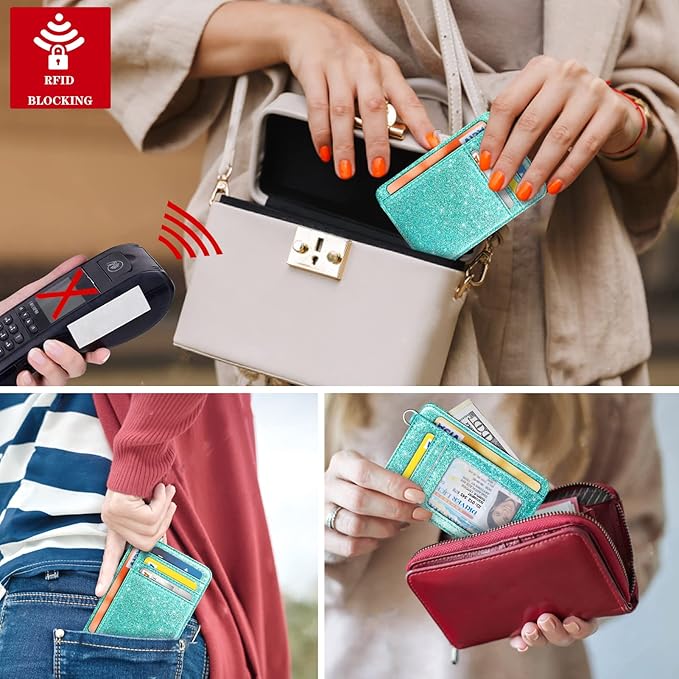 Coco Rossi Slim Front Pocket Wallet RFID ID Card Holder Cute Small Wallet with Keychian for Women,Glitter Teal