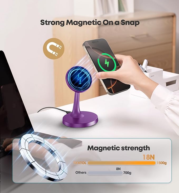 Magnetic Wireless Charger iPhone Stand, 15W Fast Mag-Safe Charger iPhone 17/17 Air/17 Pro/17 Pro Max 16/15/14/13/12 Series Magnet Wireless Charging Station/Pad/AirPods for Home, Office, Travel