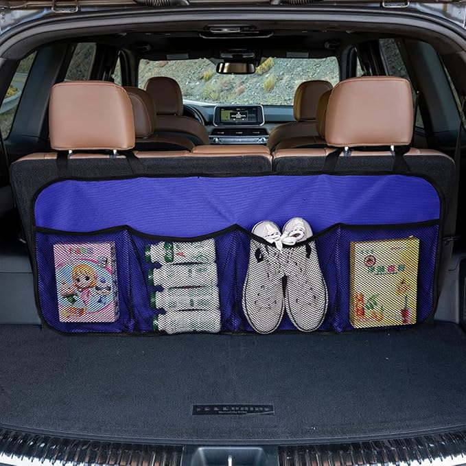 Car Trunk Organizer, Large Capacity Backseat Hanging Storage Bag with 4 Pockets, Waterproof Foldable Car Interior Organizing Accessories, Universal for SUV, Truck, Van, MPV (Blue)