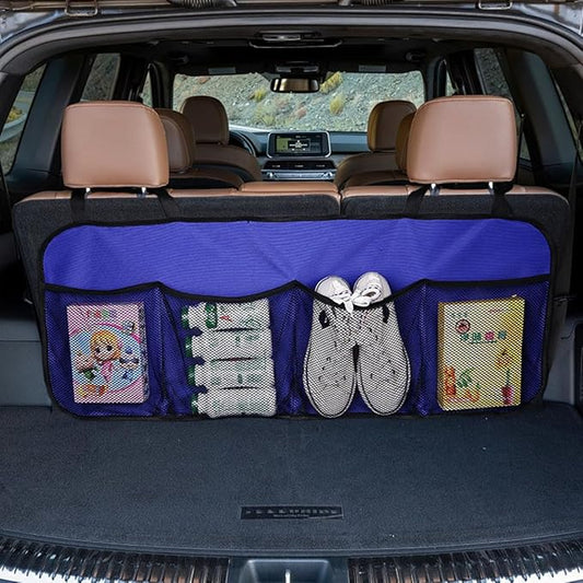 Car Trunk Organizer, Large Capacity Backseat Hanging Storage Bag with 4 Pockets, Waterproof Foldable Car Interior Organizing Accessories, Universal for SUV, Truck, Van, MPV (Blue)