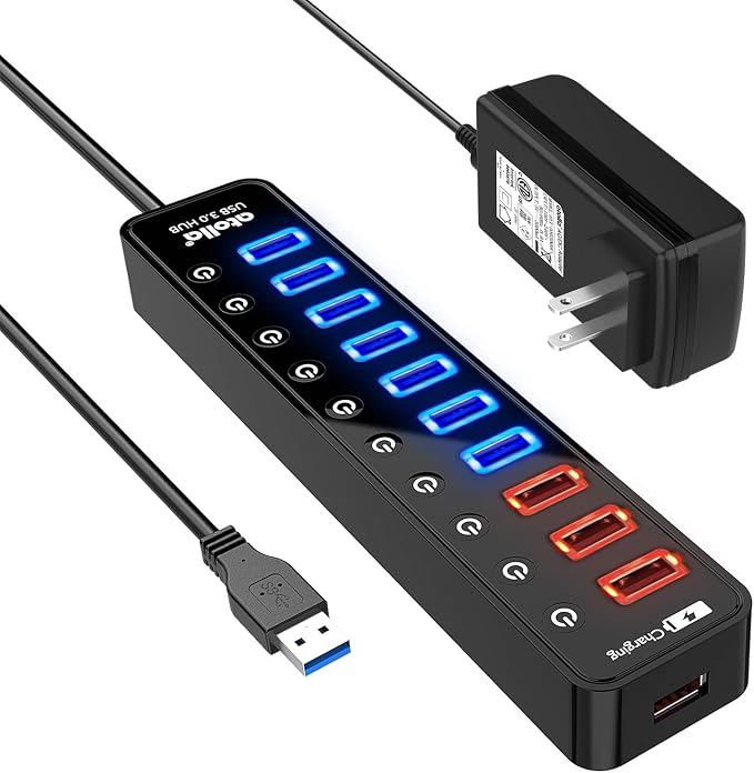 Powered USB 3.0 Hub, USB 3.0 Data Hub 11 Ports - 7 USB 3.0 Data Ports + 4 Smart Charging Port with Individual On/Off Switches and 12V/4A Power Adapter USB Hub 3.0 Splitter