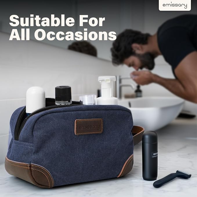 emissary Men's Toiletry Bag, Leather and Canvas Travel Toiletry Bag, Dopp Kit for Men, Travel Bathroom Bag Men's Shaving Kit, Travel Kit Small Bags for Men, Shaving Bag for Travel Accessories (Blue) | Durable canvas & PU leather, water-resistant lining...