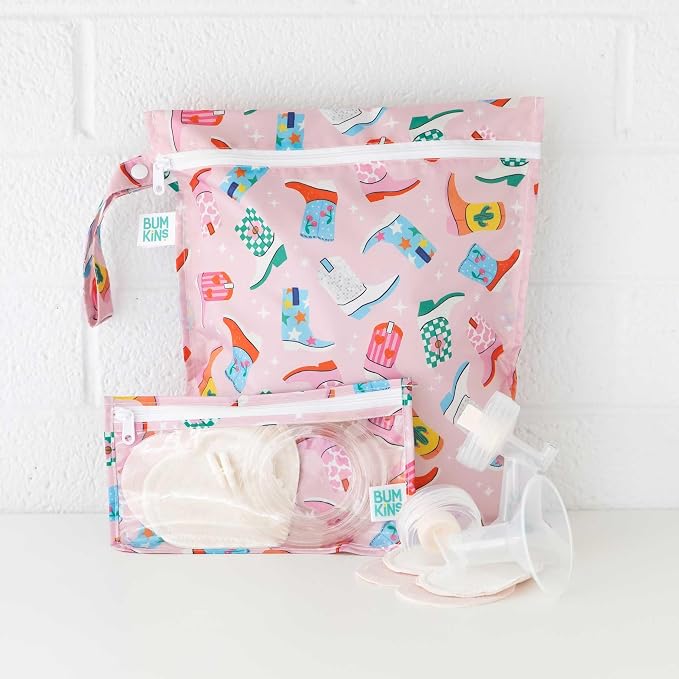 Bumkins - Waterproof Wet Bag & Clear Travel Bags - For Beach, Baby, Travel, Swim Suit, Cloth Diapers, Pump Parts, Pool, Gym, Toiletries - Reusable & Easy to Clean - Cowgirl Boots - 4 Pack