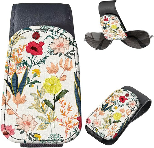 Sunglasses Holder for Car Visor, PU Leather Glasses Clip Organizer, Cute Magnetic Eyeglass Holder for Vehicle Sun Visor, Car Interior Accessory for Women & Men Colorful Botanical Floral