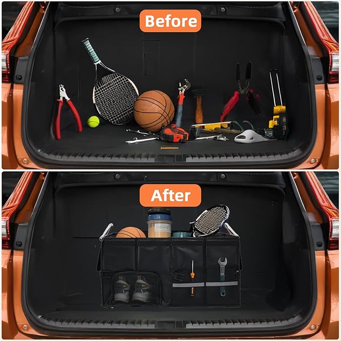Car Trunk Organizer,Multiple Compartments Collapsible trunk organizer with Aluminum Alloy Handle and Lid, Car Organizer and Storage for SUV, Truck