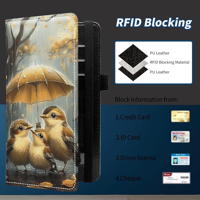 Check Book Cover for Personal Checkbook with Duplicate Checks for Women's & Men PU Leather Wallets Check Book Holder with Pen Card Slots Elastic Strap,Birds In The Rain