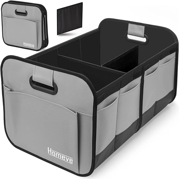 Homeve Trunk Organizer, Car Storage, Reinforced Handles, Collapsible Multi-Compartment, Foldable, Waterproof, Sturdy, 600D Oxford Polyester For Car, SUV, Mini-Van, Grey, 2 Compart