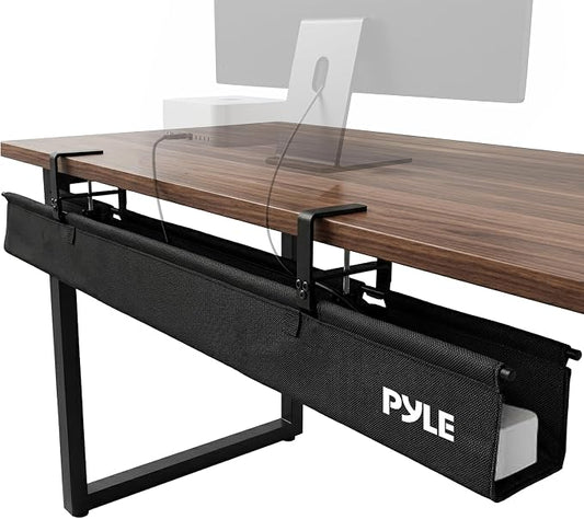 Pyle 48" Under Desk Cable Management Tray, Under Desk Wire Organizer with Clamp or Screw Mount, Desk Cable Organizer with Fabric Design for Large Workstations, Built-in Ties, 20 lb Capacity, Black