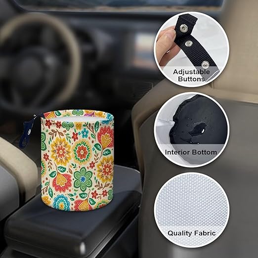 Tropical Rainbow Flowers Car Trash Can Collapsible Auto Waste Basket Container with Adjustable Strap Waterproof Auto Storage Box Travel Accessories