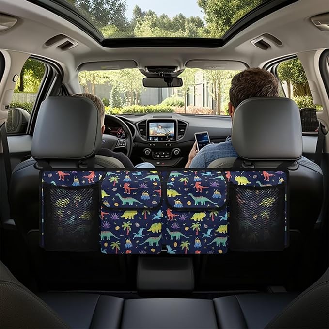 Cartoon Dinosaur Trunk Hanging Organizer Backseat Bag with 4 Pockets & 3 Adjustable Straps for Groceries Collapsible Storage Container Car Interior Accessories