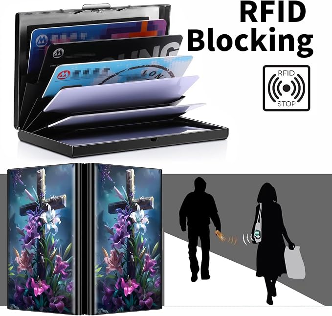 Metal Wallet for Women Men Girls, RFID Blocking Slim Aluminum Credit Card Holder, Mini Travel Wallet with Hard Shell, Lightweight ID & Business Card Case,Christian Jesus Cross Flower