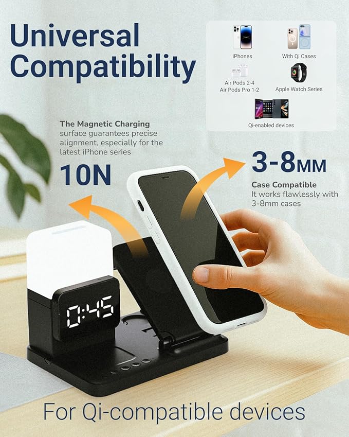 M.A.D LAB Bedside Apple Charging Station & Alarm Clock with Night Lamp ??Wireless Charger Designed for AirPods, AirPods Pro 2 & Apple Watch and Qi-Compatible for iPhone and Android Phone Charger